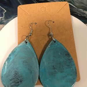 Handmade wood painted blue teardrop earrings